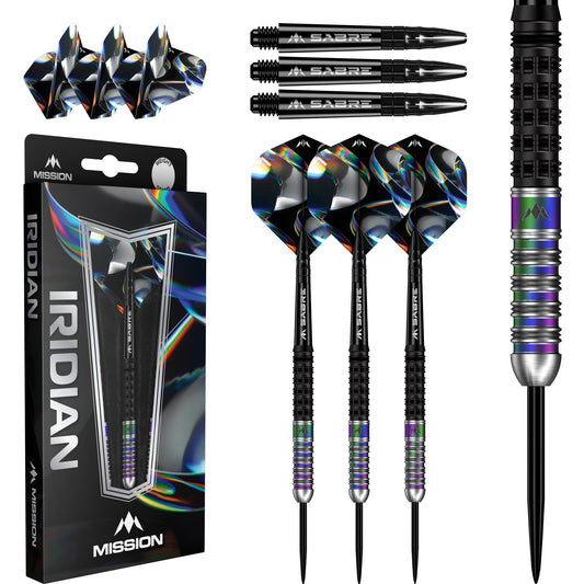 Mission | Iridian Darts | Steel Tip Darts Set | 90% Tungsten Barrel | Black & Coral PVD | Includes Dart Flights and Stems | Available in Multiple Weights.