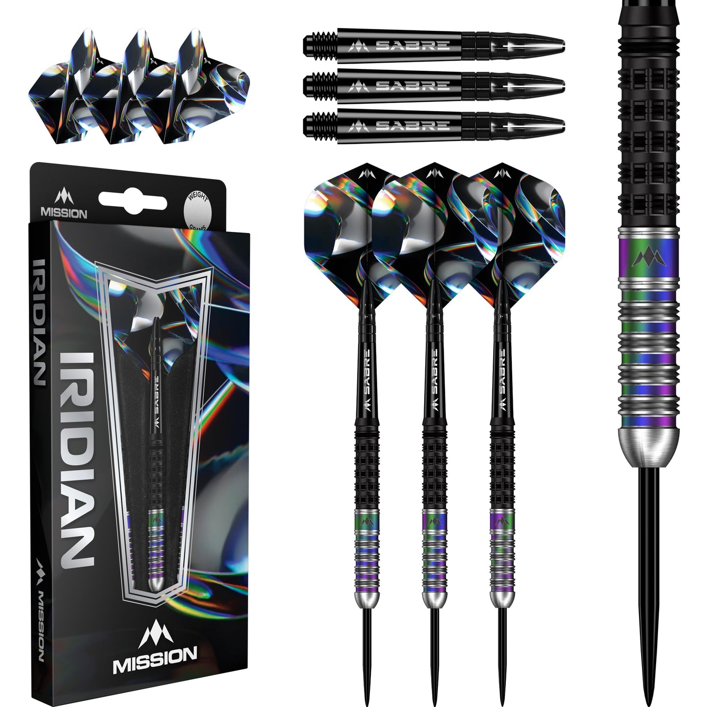 Mission | Iridian Darts | Steel Tip Darts Set | 90% Tungsten Barrel | Black & Coral PVD | Includes Dart Flights and Stems | Available in Multiple Weights.