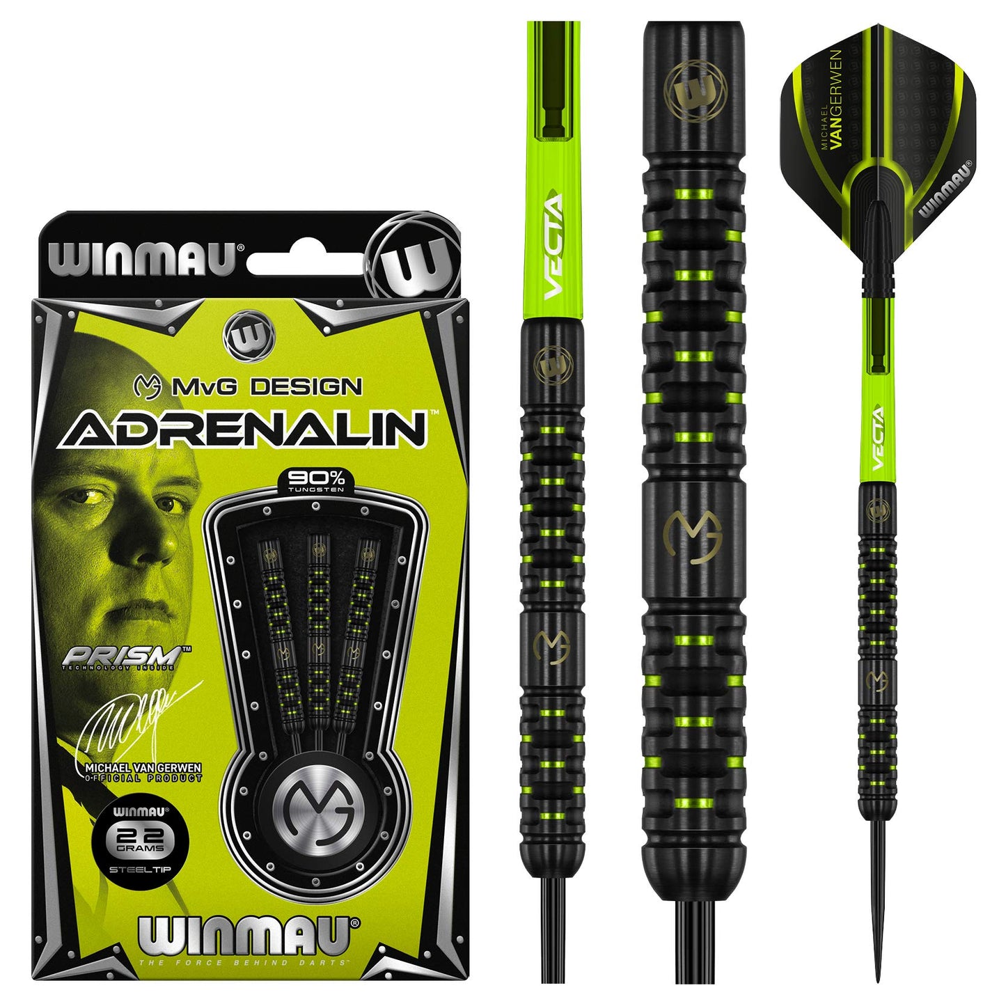 WINMAU Michael van Gerwen MvG Adrenalin Tungsten Steeltip Darts Set with Prism Flights and Vecta Shafts (Stems)