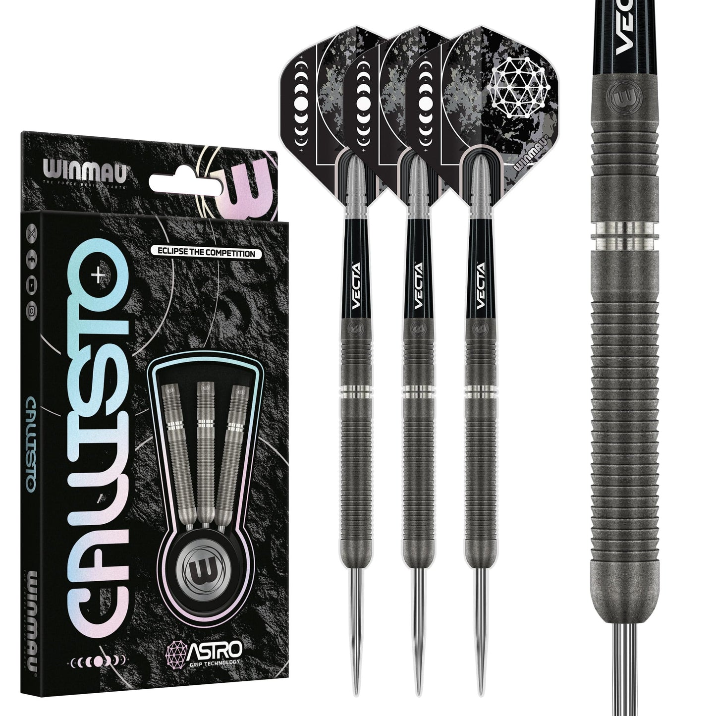 WINMAU Darts Callisto Series 90% Professional Tungsten Steel Tip Darts Set with Dart Flights and Dart Shafts (Stems) - Available in Three Styles - 22g, 23g, 24g, 25g & 26g Dart