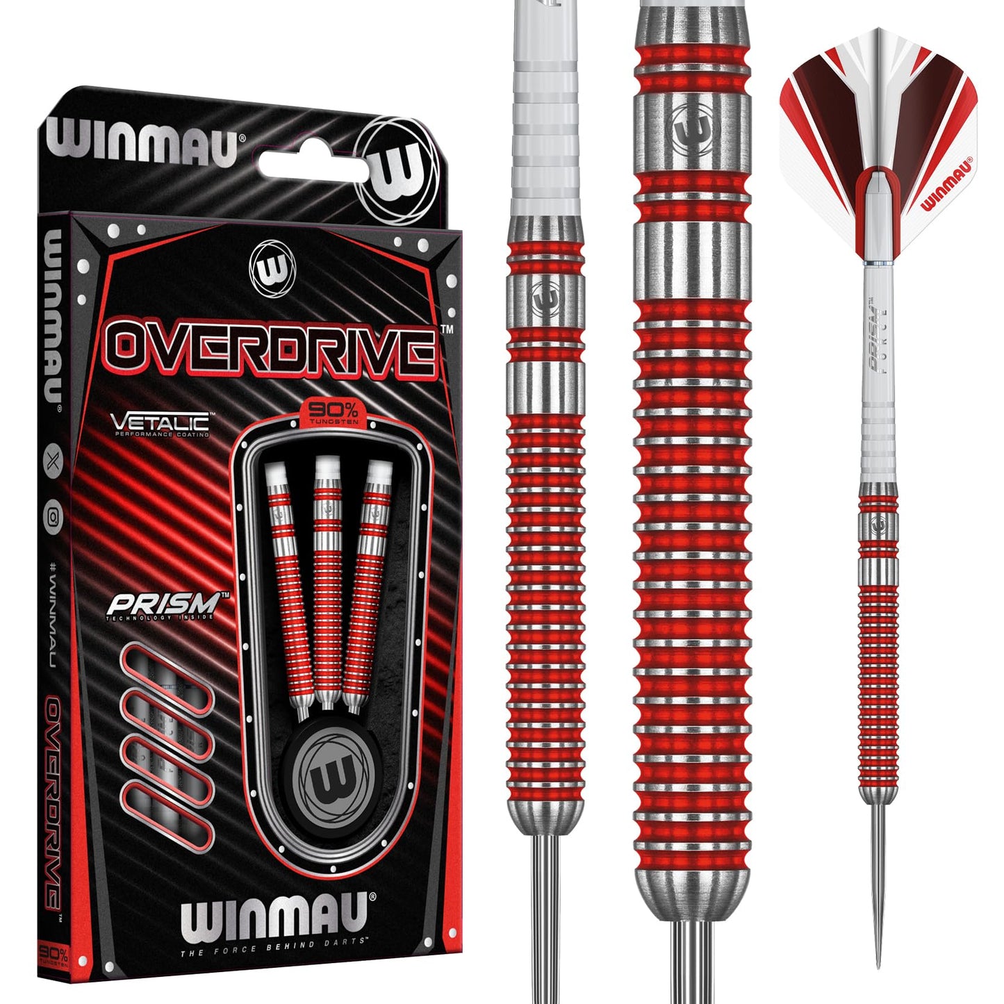 WINMAU Overdrive Tungsten Steeltip Darts Set with Prism Flights and Shafts (Stems)