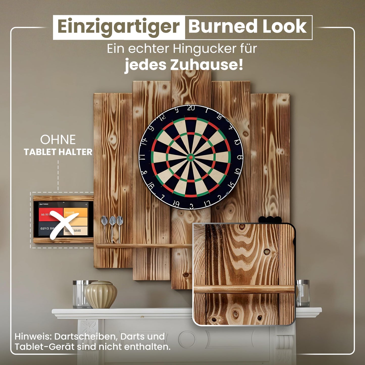 WOODEN Dartboard Surround | Premium dart wall protection & tablet holder | Flamed "Burned Look" or colour design (catch ring, dart surround, backboard)