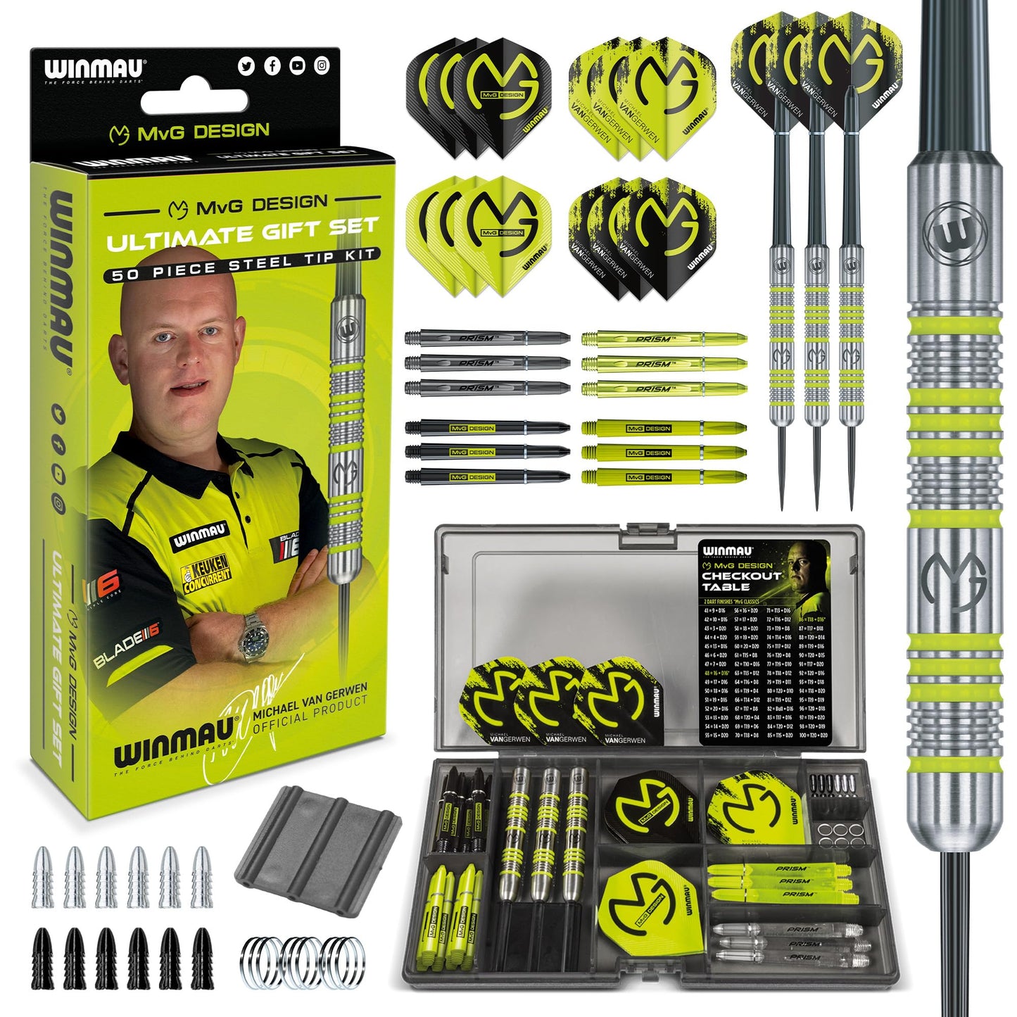 WINMAU Michael Van Gerwen MvG Gift Set - 50 Piece Dart Set with 4 Shafts, 4 Flights Plus Accessories