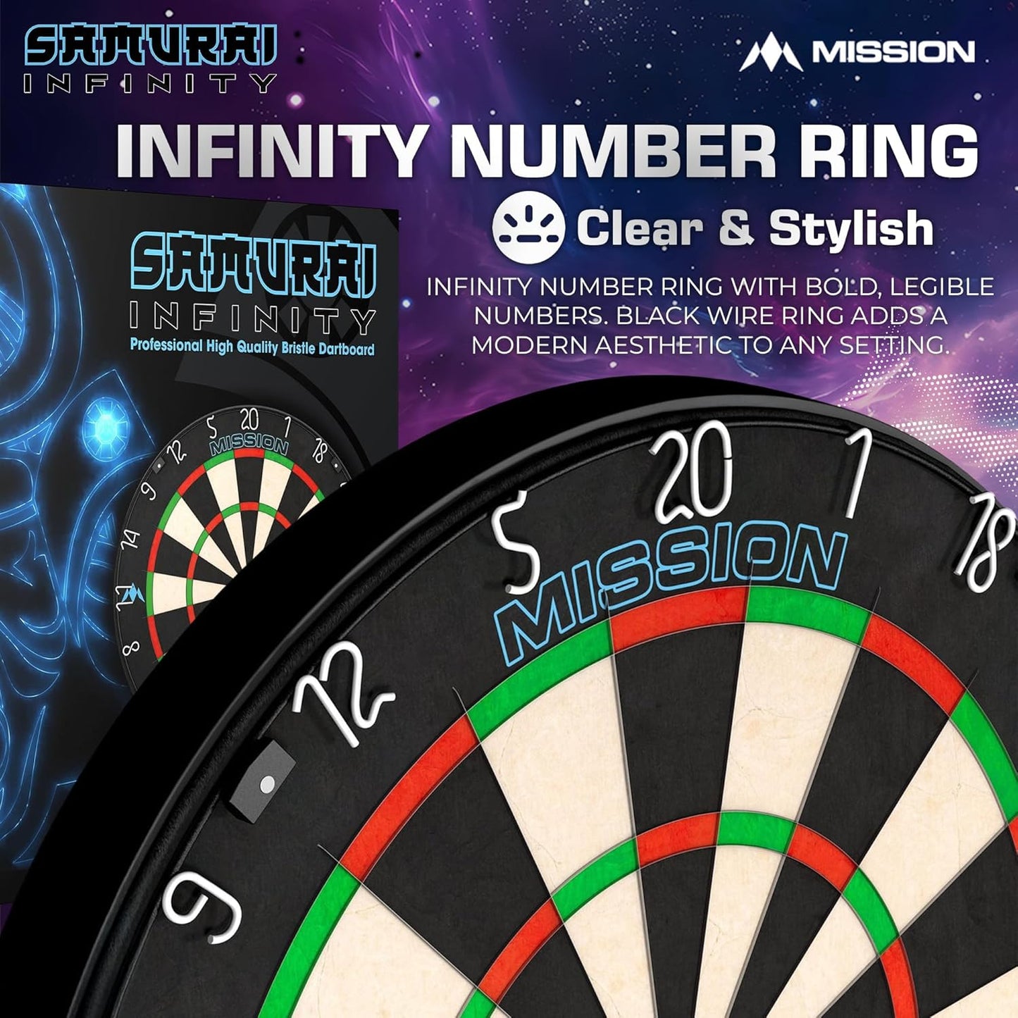 Mission Darts Samurai Infinity | Professional Competition Standard Dartboard with Ultra Thin Knife Life Wire Construction and Black Ring | DB058