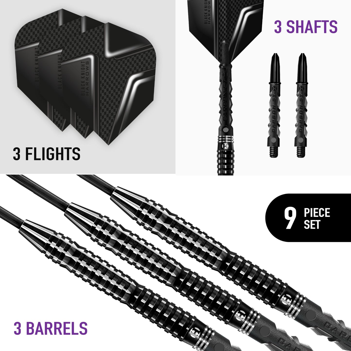 Harrows Black Knight 90% Tungsten Steel Tip Darts Set, 21g - 26g - Includes Black Carbon ST Midi Shafts & Micron Black Knight Flights