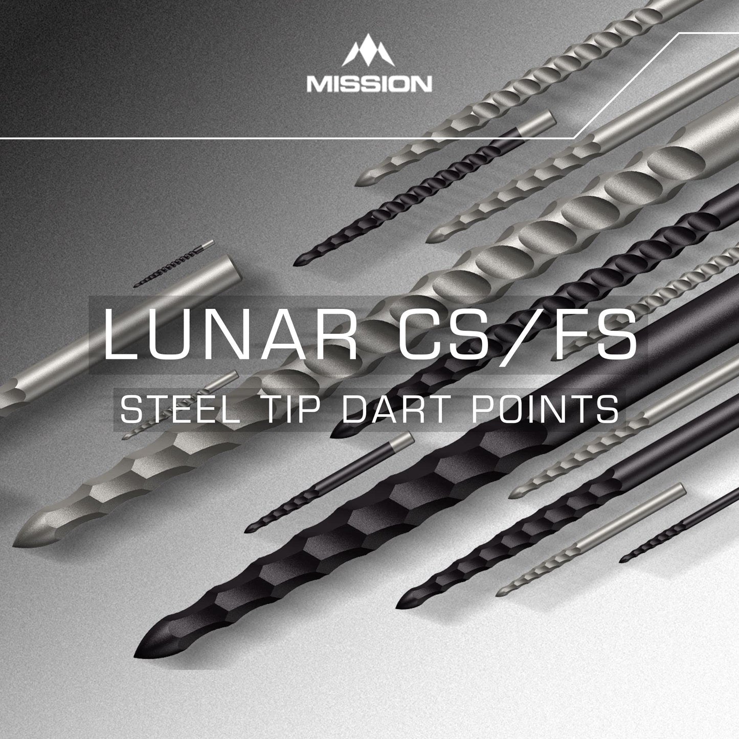 Mission Darts Lunar Black Steel Tip Replacement Dart Points with Complete or Front Grooving, Multiple Sizes