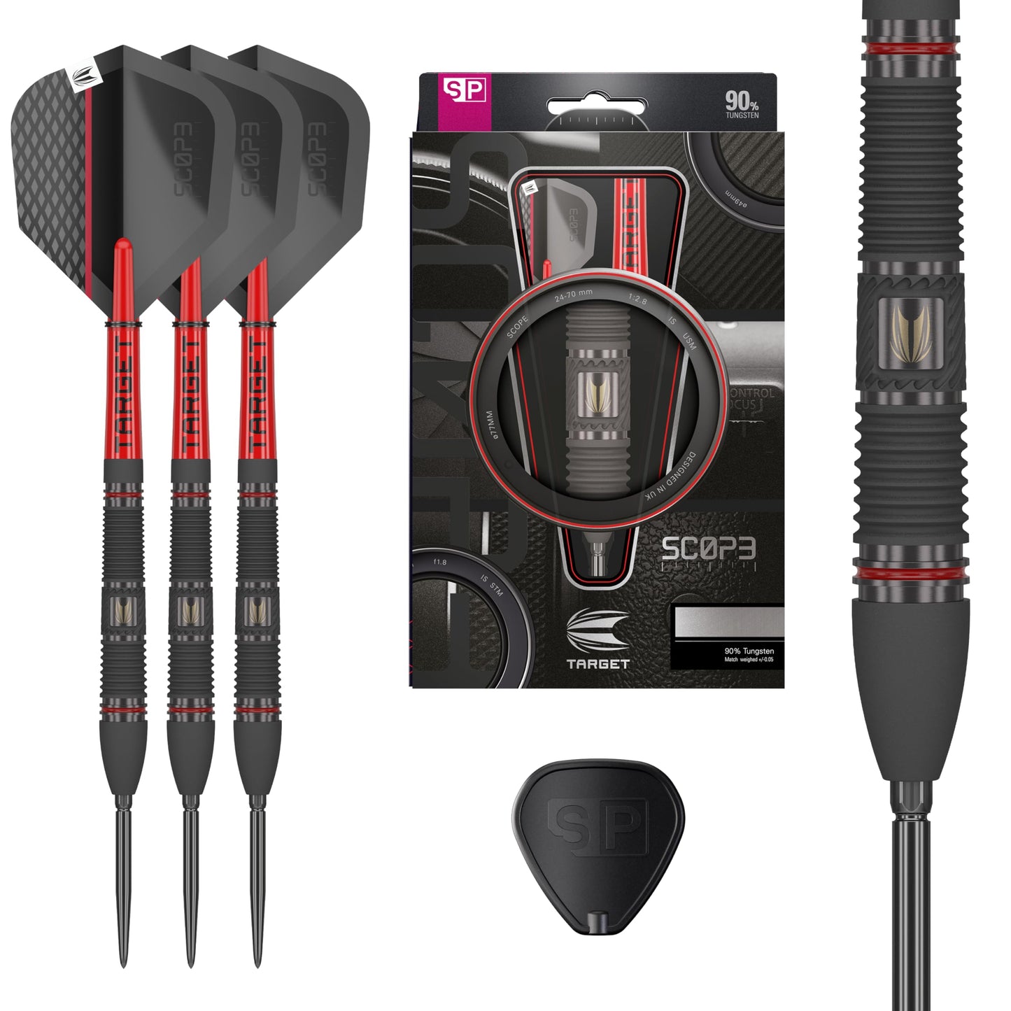 TARGET Darts Scope Steel Tip Swiss Point Darts, 90% Tungsten Dart Set | Steel Tip Dart, Red & Black Darts, Professional Dart Set with Swiss Points & Tool | Barrel 01/02/03/04 –21G/22G/23G/24G/25G