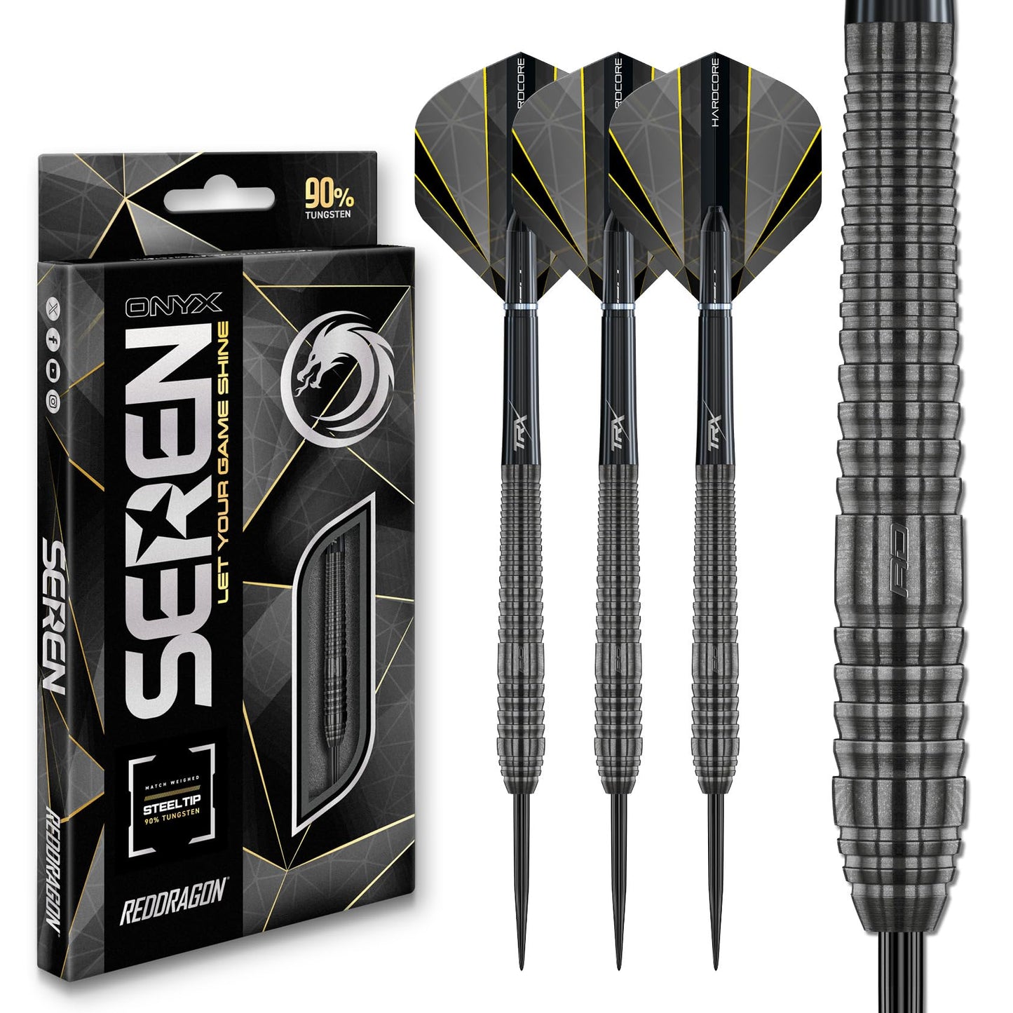 RED DRAGON Darts – Seren Onyx Series - 90% Tungsten Professional Steel tip Darts Set with Dart Flights and Dart Shafts (Stems) - Available in Four Styles - Available in 21g, 22g, 23g, 24g & 25g