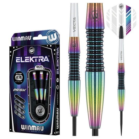 WINMAU Elektra 90% Tungsten Darts with Prism Flights and Vecta Shafts (Stems) 22g-24g-26g weights available - Urban Grip - Match Weighed - Streamline Torpedo Profile
