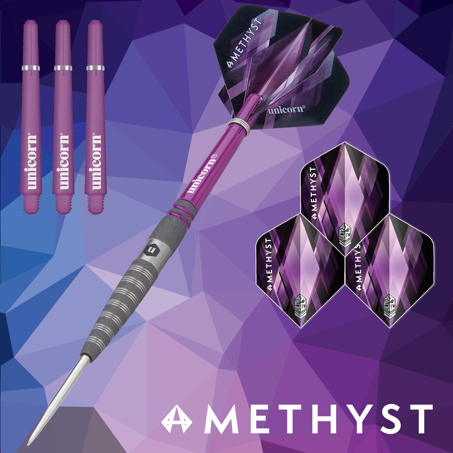 Unicorn Darts Set | Amethyst 90% Natural Tungsten Gripper Finish Barrels with Purple Accents & Laser Etched U Logo Hallmark | Steel Tip | 19 g, 20 g, 21 g, 22 g, 23g or 24 g