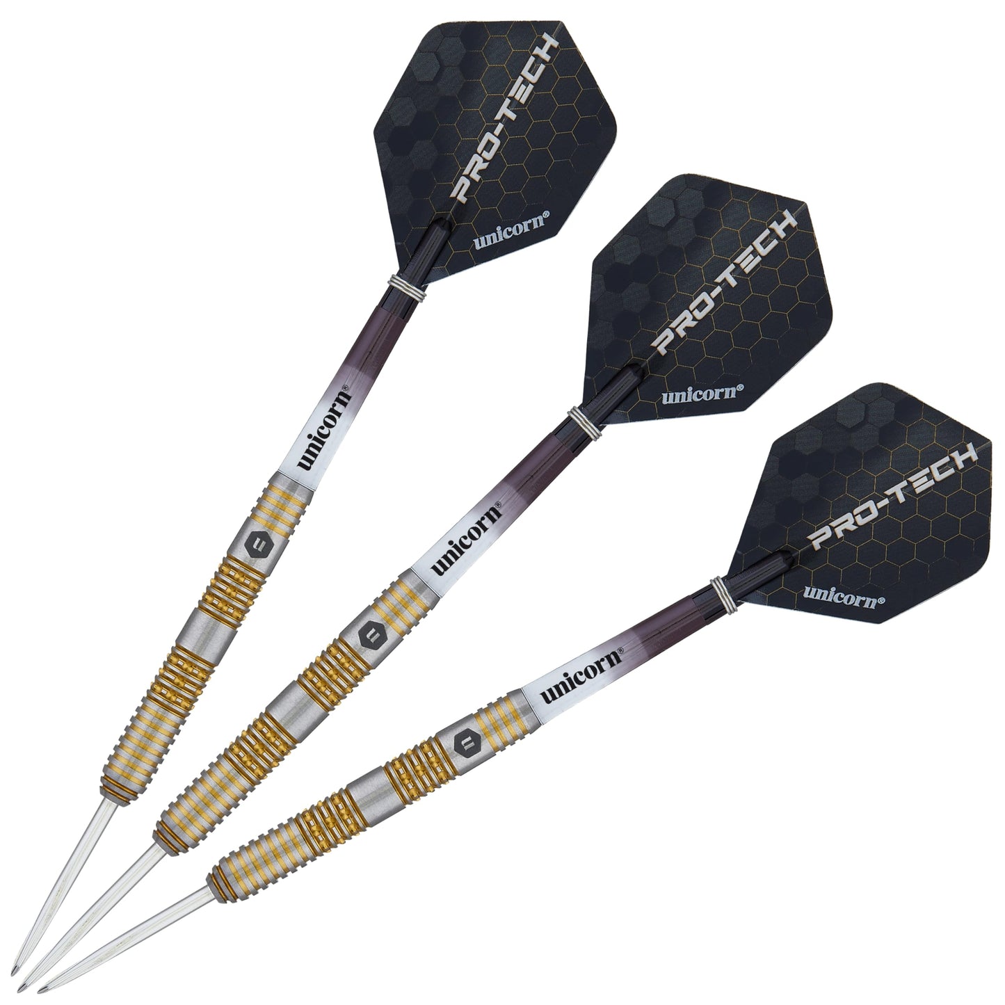 Unicorn Steel Tip Darts Set | Pro-Tech Style 1 | 90% Natural Tungsten Barrels with Golden Accents & Volute Points | 24 g