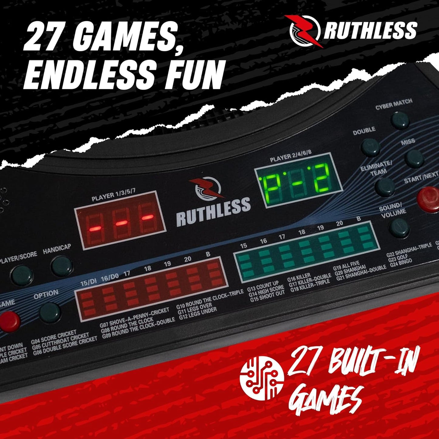 Ruthless - Ruthless R600 Electronic Dartboard - Soft Tip - inc 4 Sets of Darts - 8 players-27 Games