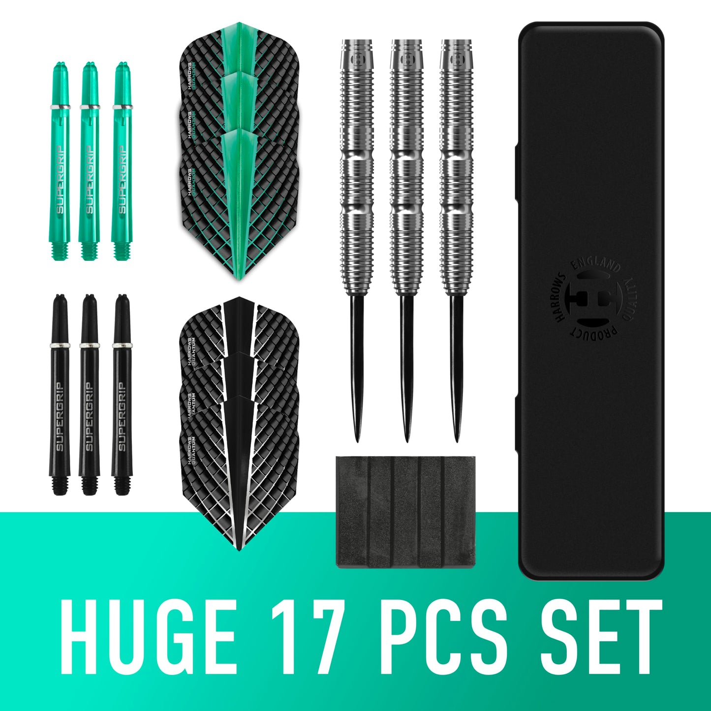 Harrows NX Elite 90% Tungsten Steel Tip Darts Set I 21g to 26g All Weights Available I Huge 17pcs Bundle with Supergrip Shafts, Quantum Flights & Travel Case