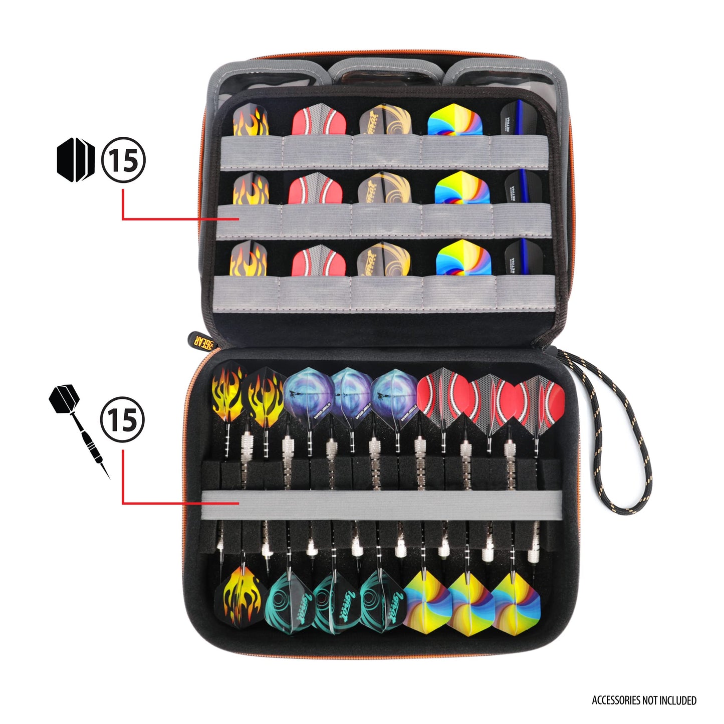 USA Gear XL Semi Hard Shell Dart Case - Storage Protective Case for 15 Piece Dart Set, Tips, Flights and Shafts, and More Accessories - Locking Foam Design for Soft and Steel Tips - Black