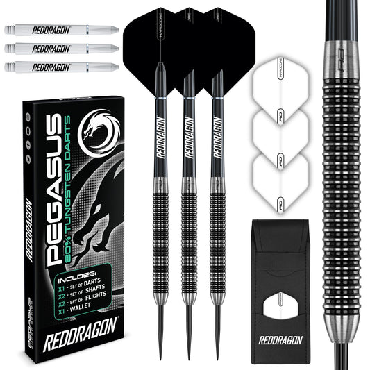 RED DRAGON Pegasus Professional Tungsten Steeltip Darts Set Available in 21, 23, 24, 25, 26, 28, 30 Gram with Flights, Stems (Shafts) and Wallet
