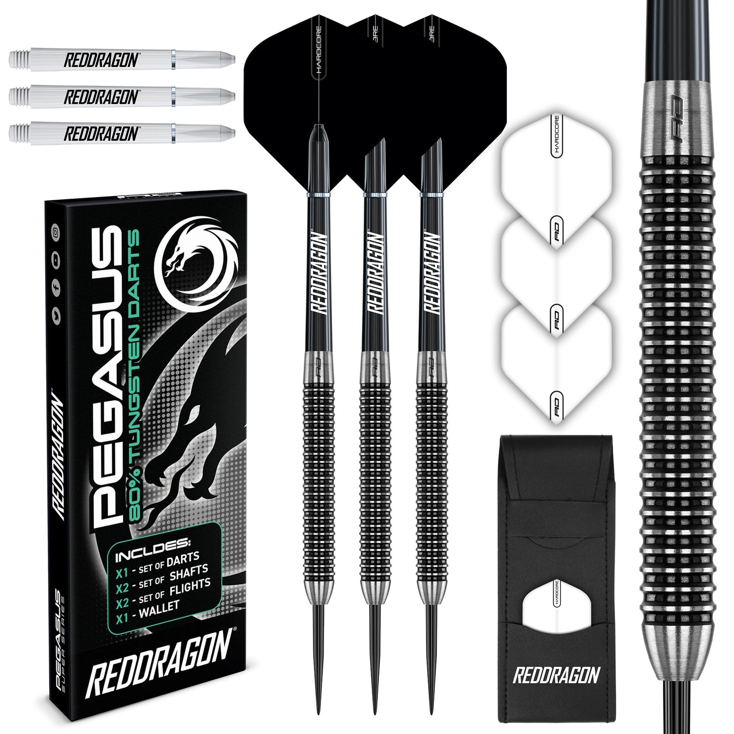 RED DRAGON Pegasus Professional Tungsten Steeltip Darts Set Available in 21, 23, 24, 25, 26, 28, 30 Gram with Flights, Stems (Shafts) and Wallet