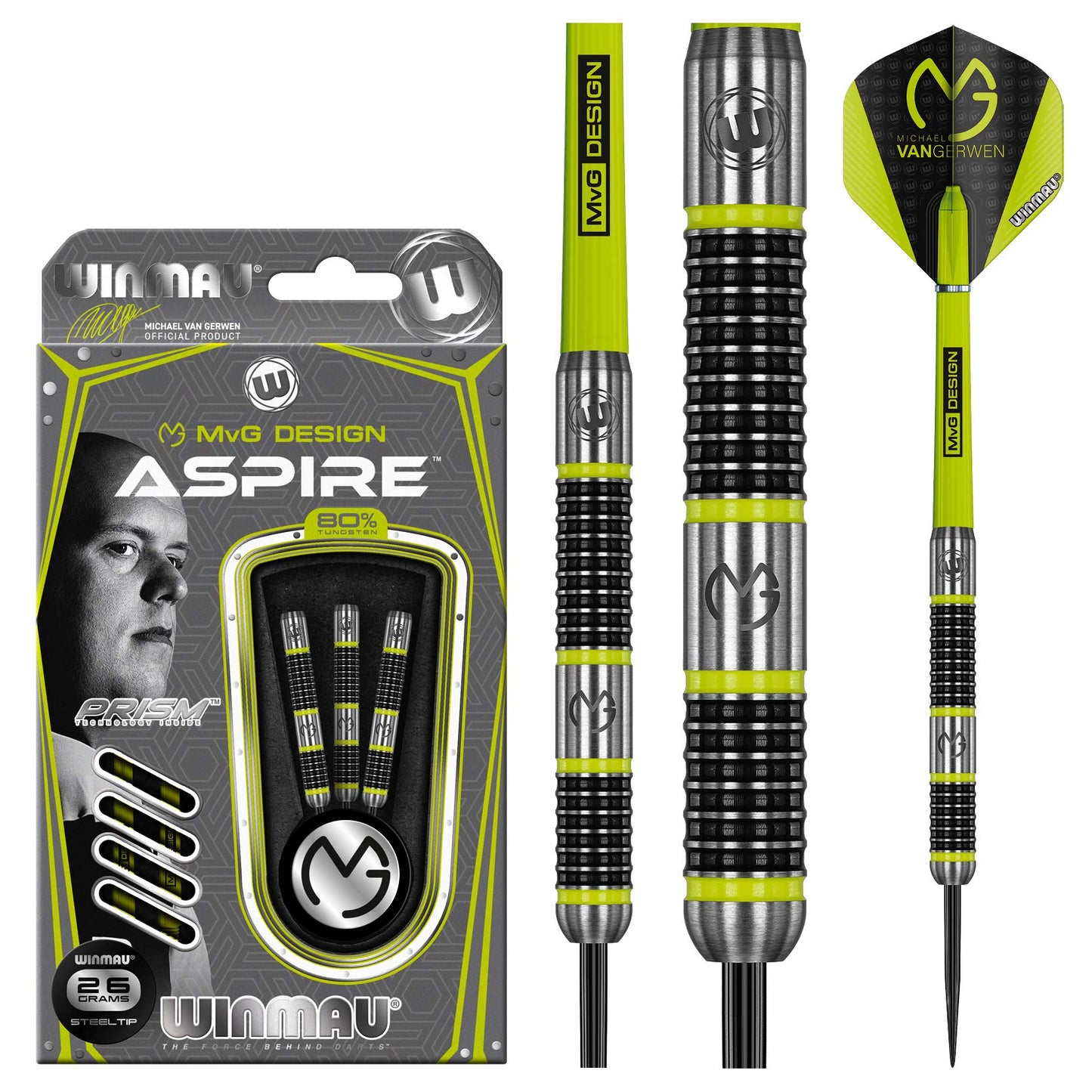 WINMAU Michael van Gerwen MvG Aspire Tungsten Steeltip Darts Set with Prism Flights and Nylon Shafts (Stems)