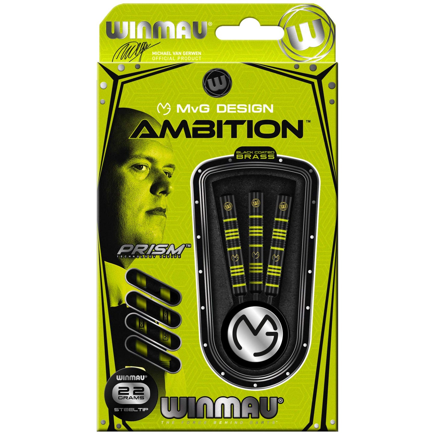 WINMAU Michael Van Gerwen MvG Ambition Professional Brass Darts Set with Flights and Shafts Available in Steeltip and Softip