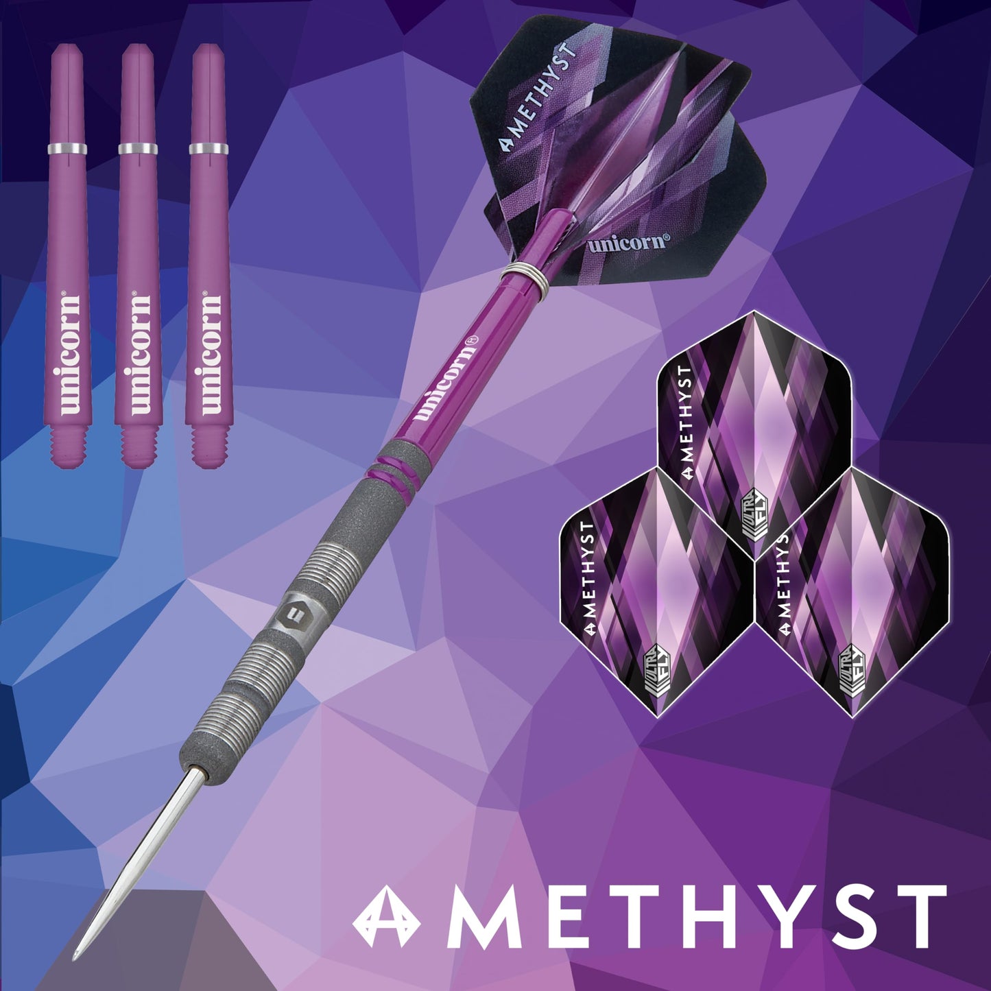 Unicorn Darts Set | Amethyst 90% Natural Tungsten Gripper Finish Barrels with Purple Accents & Laser Etched U Logo Hallmark | Steel Tip | 19 g, 20 g, 21 g, 22 g, 23g or 24 g