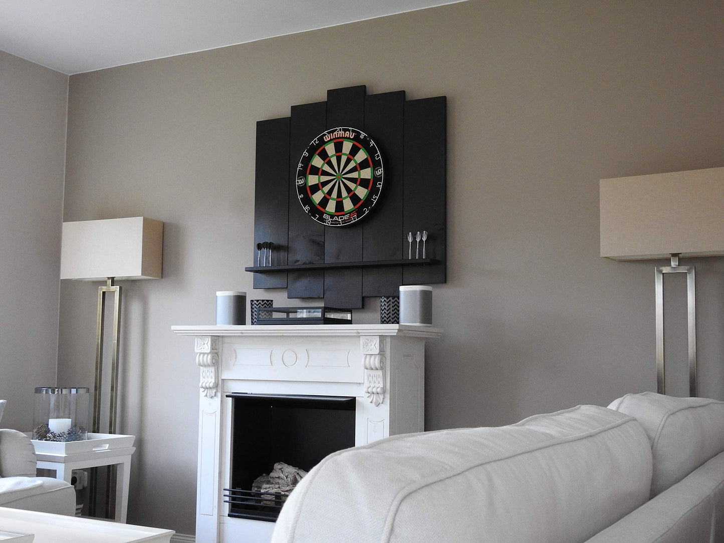 WOODEN Dartboard Surround | Premium dart wall protection & tablet holder | Flamed "Burned Look" or colour design (catch ring, dart surround, backboard)