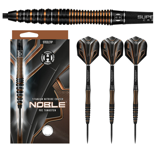 Harrows Noble 90% Tungsten Steel Tip Darts Set 22g, 23g, 24g & 25g - Includes Silver Supergrip Carbon Shafts & Micron Noble Flights