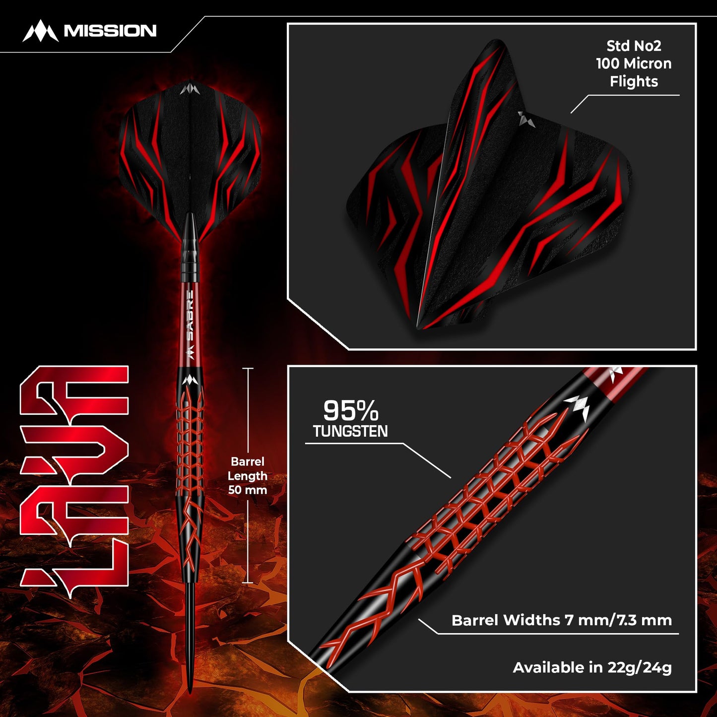 Mission | Lava Darts Set | Black & Red | Electro plate | 95% Tungsten | Steel Tip Darts | Available in Multiple Weights.