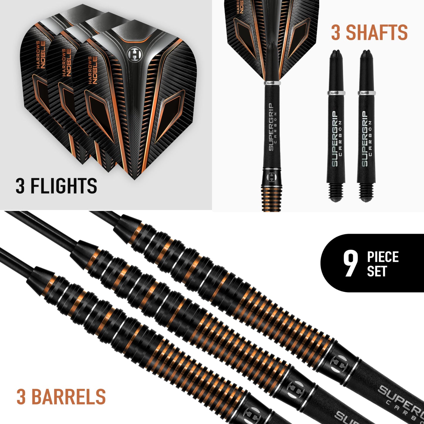 Harrows Noble 90% Tungsten Steel Tip Darts Set 22g, 23g, 24g & 25g - Includes Silver Supergrip Carbon Shafts & Micron Noble Flights