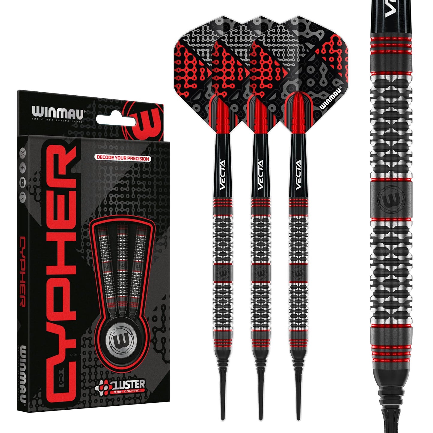 WINMAU Darts Cypher Series 90% Professional Tungsten Darts Set with Dart Flights and Dart Shafts (Stems) - Available weights 18g Soft Tip 22g, 24g and 26g Steel Tip