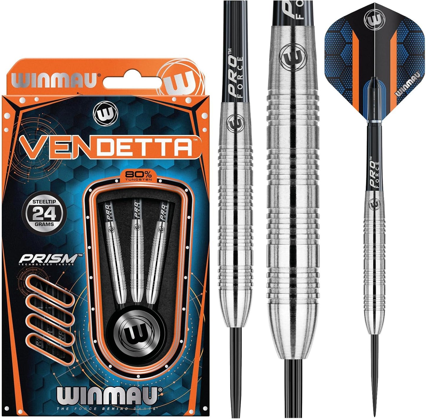 WINMAU Darts - Vendetta 24g 80% Tungsten Darts Set – High-Density Tungsten Dart Construction, Precision Steel Tips, Flights – Professional Dart Set - Competitive Play & Practice