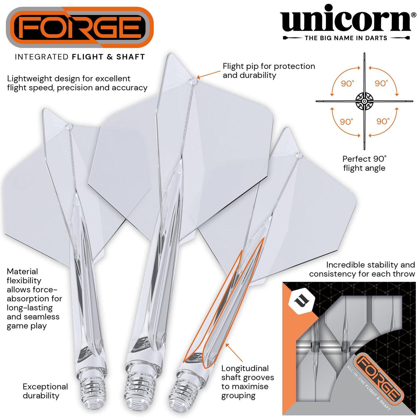 Unicorn Forge Integrated Dart Flights & Shafts | 1 Piece Construction for Perfect 90˚ Angle | Lightweight Tough Polymer | Standard Plus Shape & 2BA Thread | Medium Length Stem 26 mm |