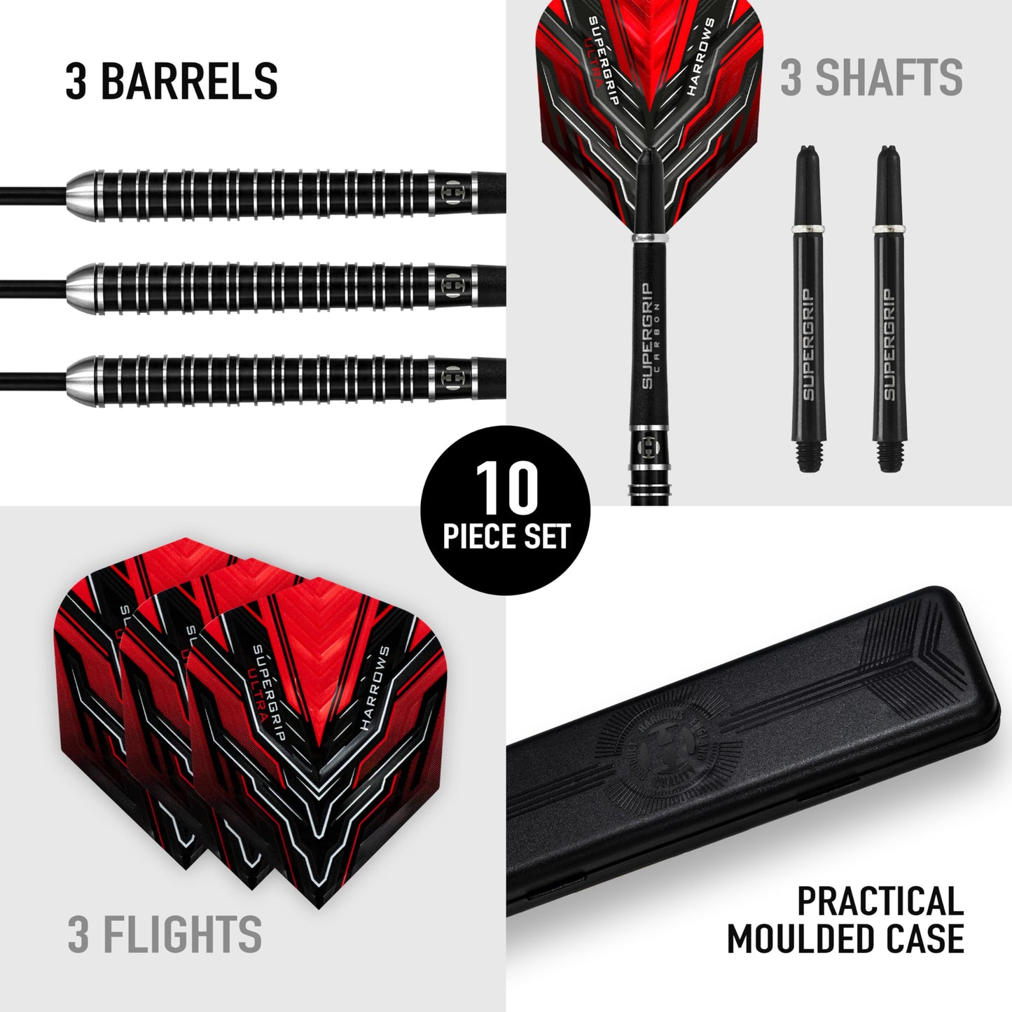 Harrows SUPERGRIP ULTRA 90% Tungsten Steel Tip Darts Set. Available in 21g, 22g, 23g, 24g, 25g, 26g, 28g & 30g - Includes Supergrip Carbon Shafts, Supergrip Flights & Travel Case