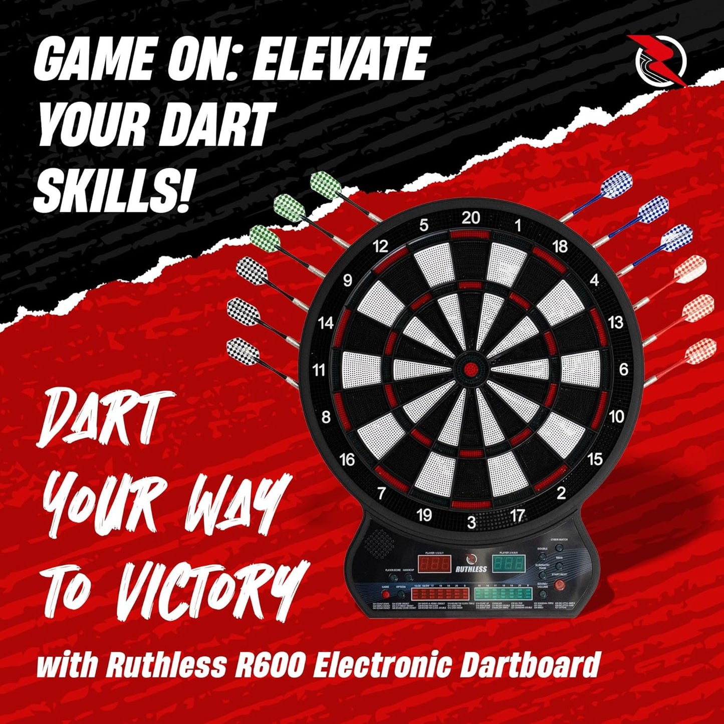 Ruthless - Ruthless R600 Electronic Dartboard - Soft Tip - inc 4 Sets of Darts - 8 players-27 Games