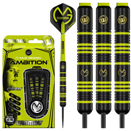 WINMAU Michael Van Gerwen MvG Ambition Professional Brass Darts Set with Flights and Shafts Available in Steeltip and Softip