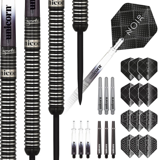 Unicorn Steel Tip Darts Set | Gary 'The Flying Scotsman' Anderson Noir Phase 3, 5 & 6 | 90% Tungsten Barrels with Black Titanium Coating | Presentation Packaging | 21g, 22g, 23g, 24g, 25g or 27g
