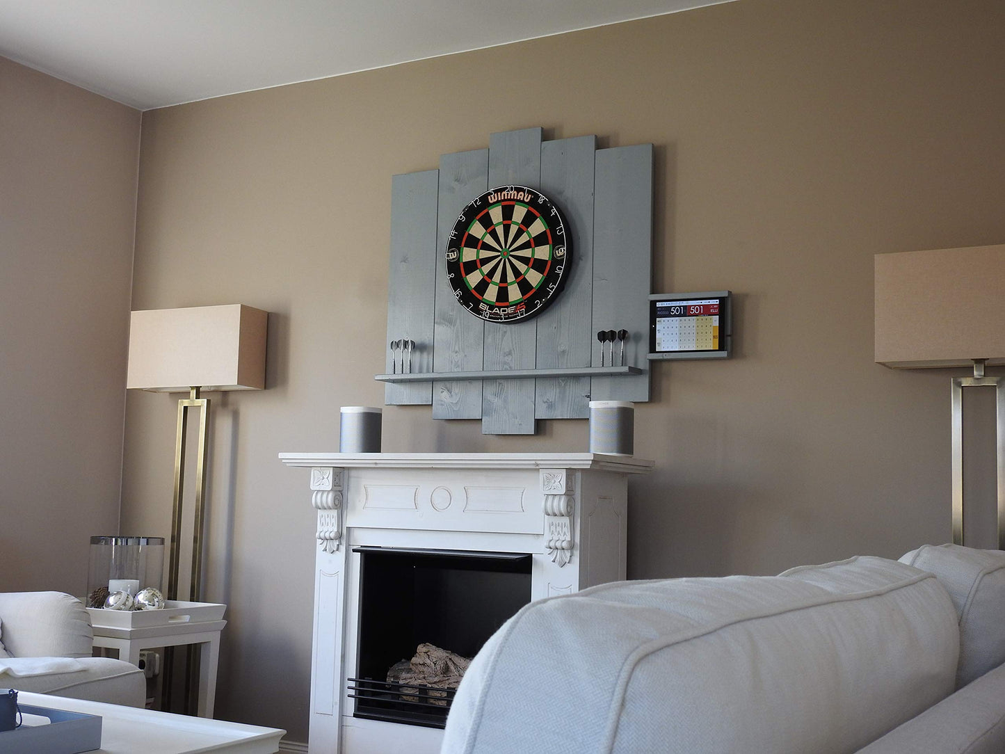 WOODEN Dartboard Surround | Premium dart wall protection & tablet holder | Flamed "Burned Look" or colour design (catch ring, dart surround, backboard)