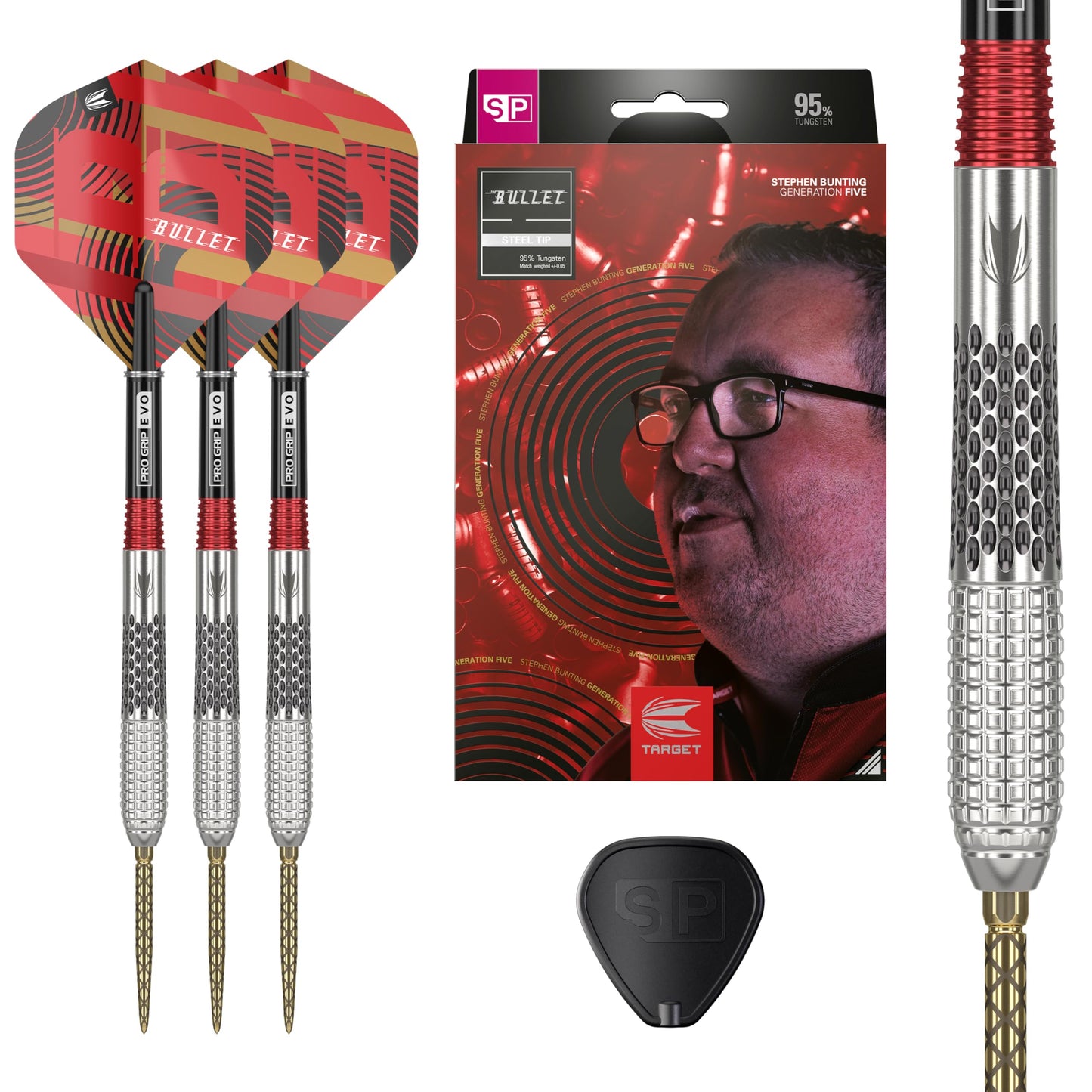 TARGET Darts Stephen Bunting G5 95% Tungsten Dart Set, Steel Tip Swiss Point Darts | Player Edition Darts with Swiss Points, 18G/22G/23G/25G Professional Darts Set, Swiss Point Tool Included