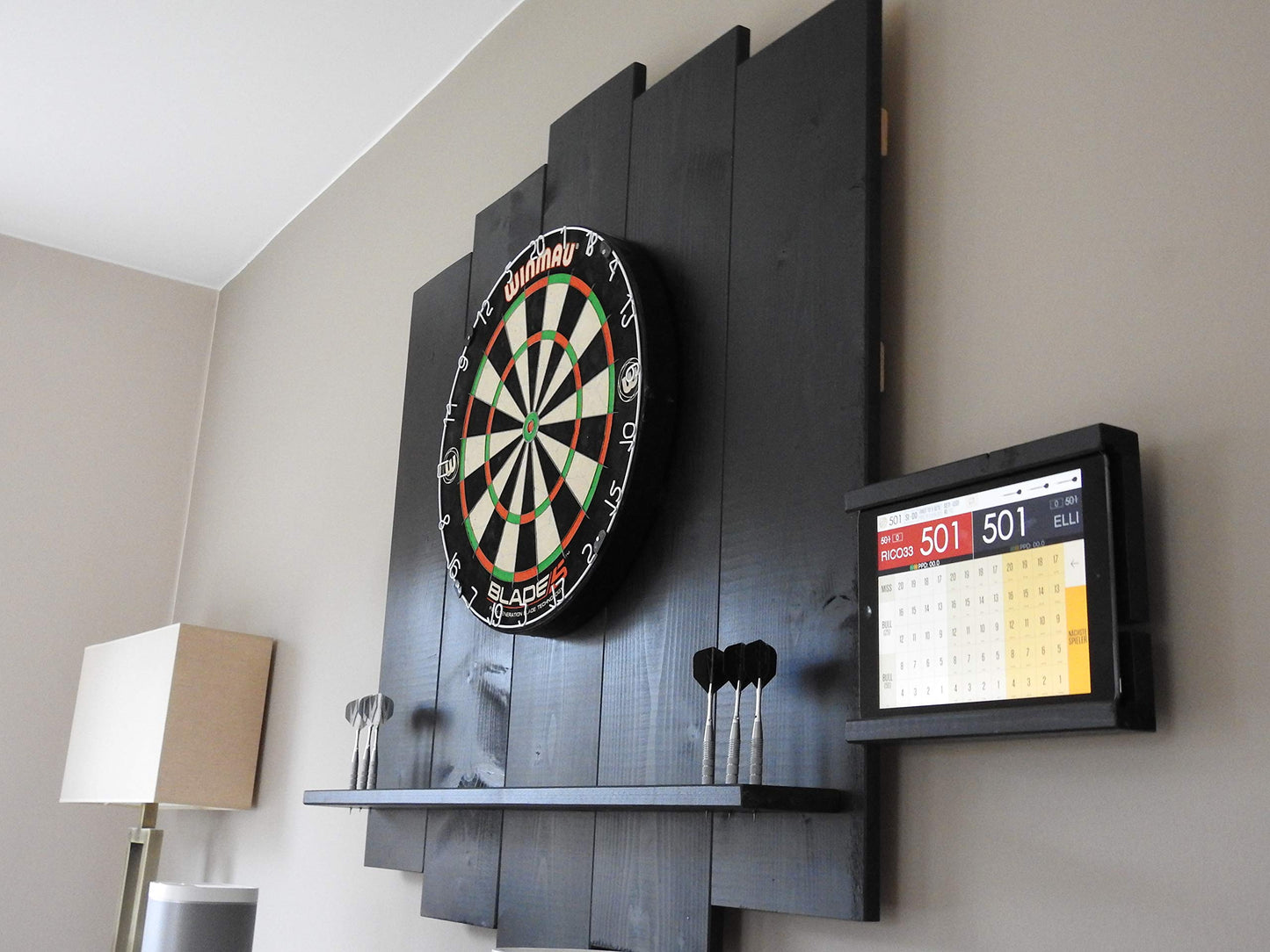 WOODEN Dartboard Surround | Premium dart wall protection & tablet holder | Flamed "Burned Look" or colour design (catch ring, dart surround, backboard)