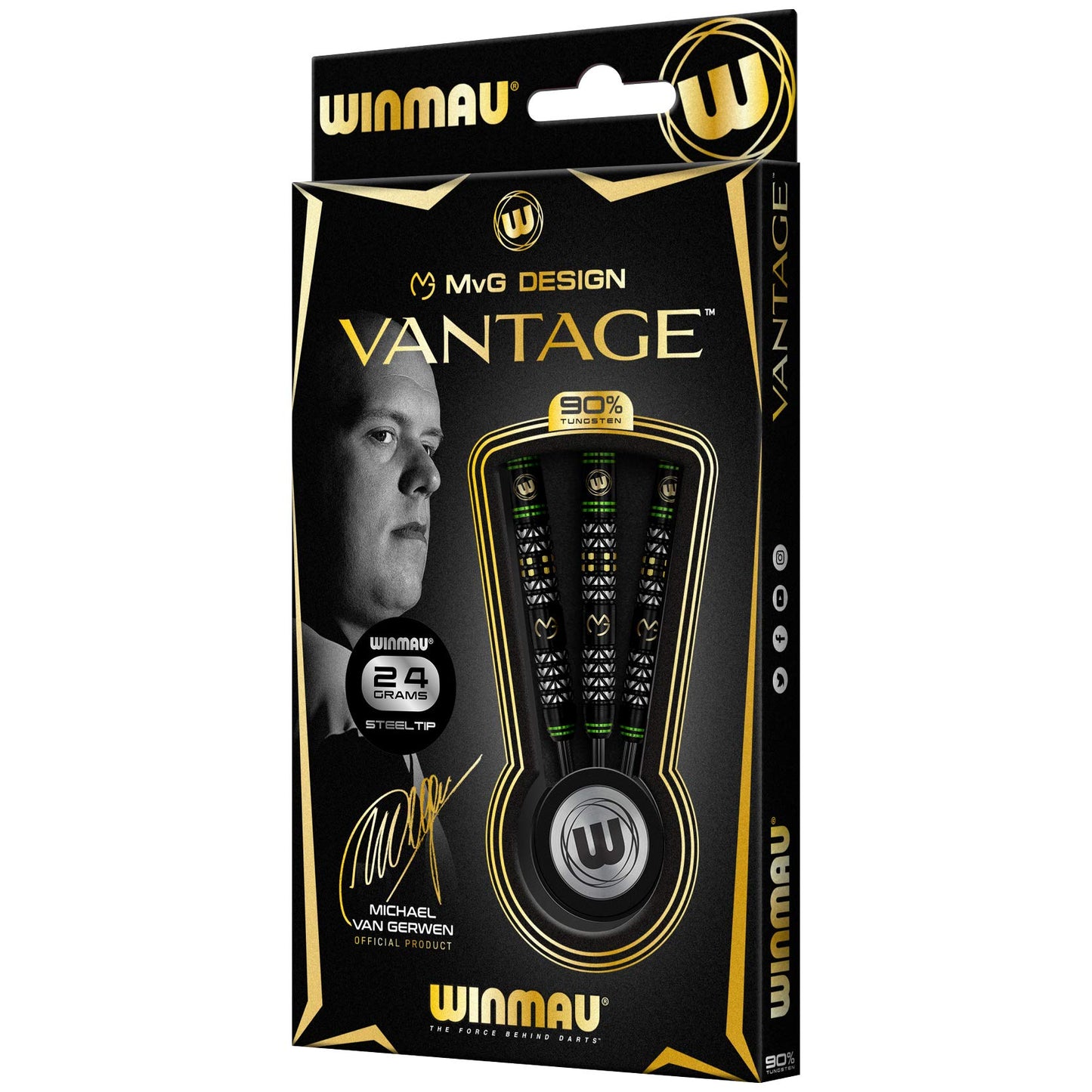 WINMAU Michael van Gerwen MvG Vantage Tungsten Steeltip Darts Set with Prism Flights and Vecta Shafts (Stems)