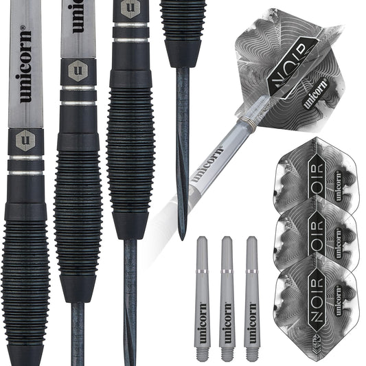 ‎Unicorn Steel Tip Darts Set - Noir - 90% Tungsten Barrels with Black Titanium Coating & Black Volute Points - 21 g, 22 g, 23 g, 24 g, 25 g or 26 g