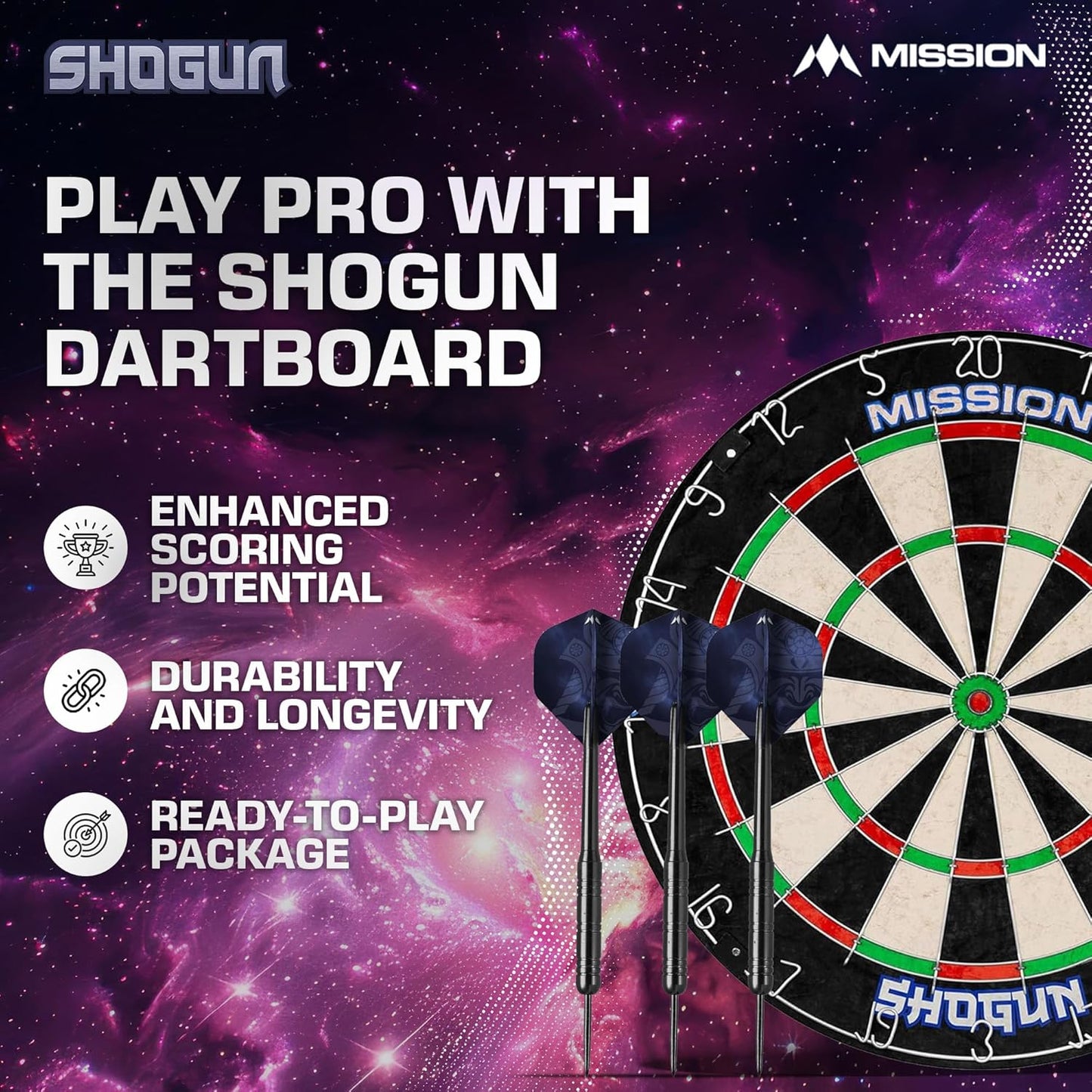 Mission Darts Shogun Dart Board Set | Endurance Round Wire Sisal Dartboard Set Including 2 sets of Steel Tip Darts