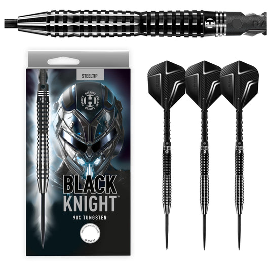 Harrows Black Knight 90% Tungsten Steel Tip Darts Set, 21g - 26g - Includes Black Carbon ST Midi Shafts & Micron Black Knight Flights