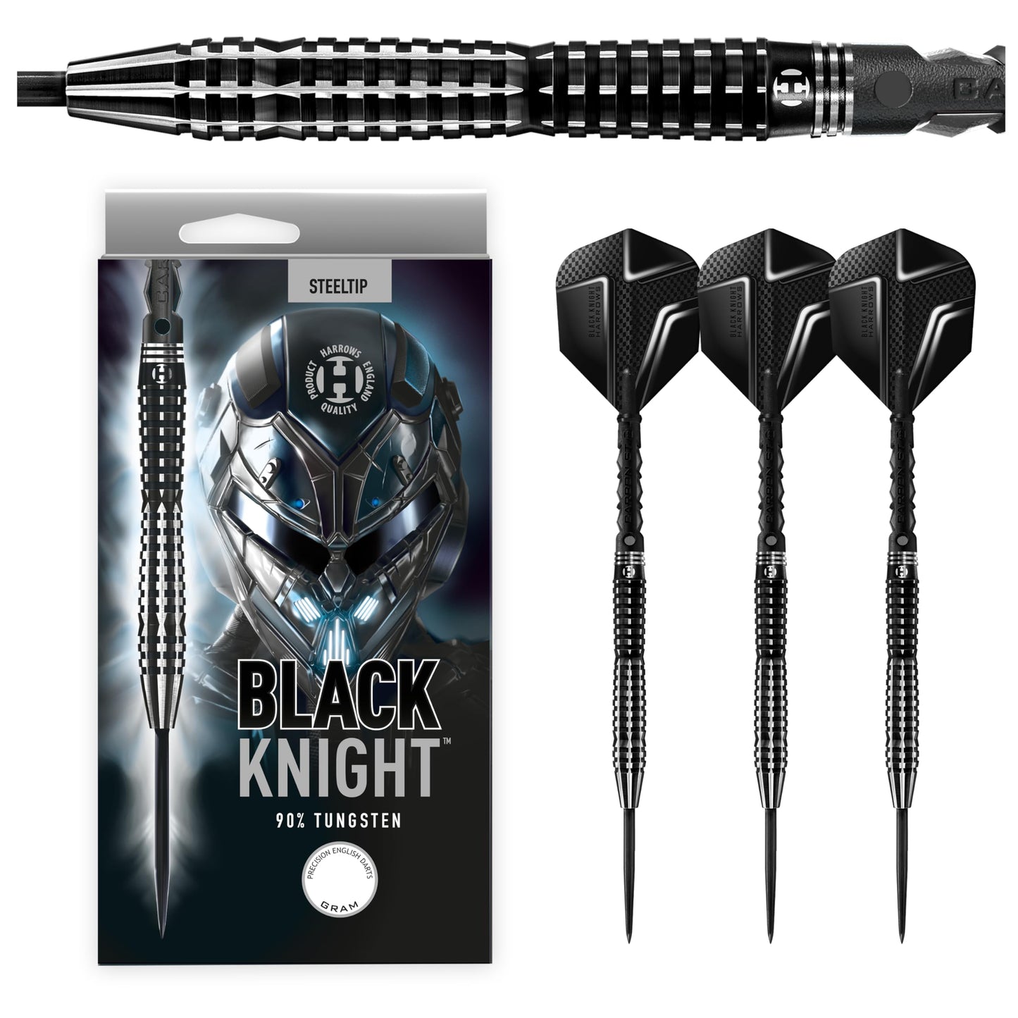 Harrows Black Knight 90% Tungsten Steel Tip Darts Set, 21g - 26g - Includes Black Carbon ST Midi Shafts & Micron Black Knight Flights