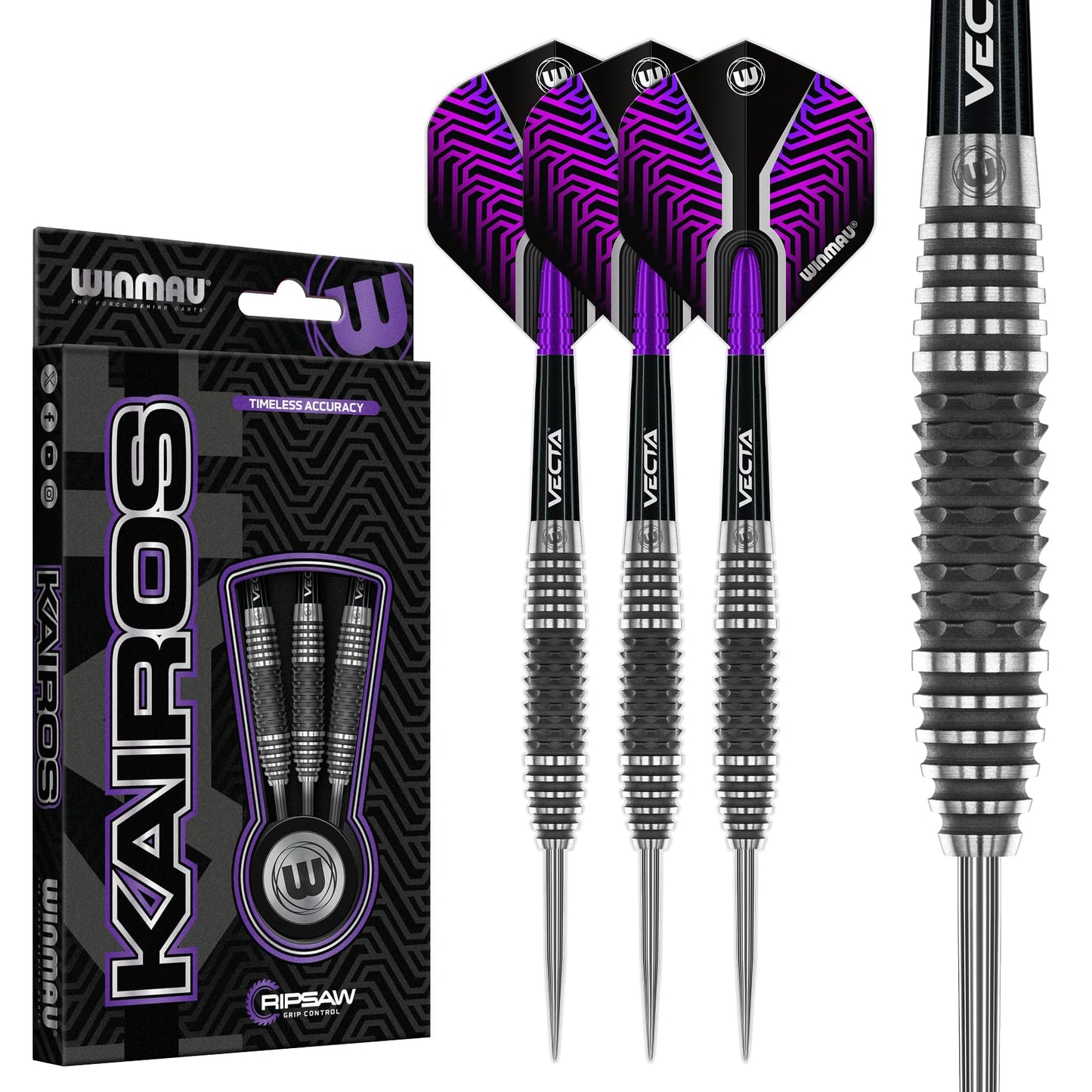 WINMAU Darts Kairos Series 90% Professional Tungsten Steel Tip Darts Set with Dart Flights and Dart Shafts (Stems) - Available in Two Styles - Available weights 21g, 23g 24g and 26g
