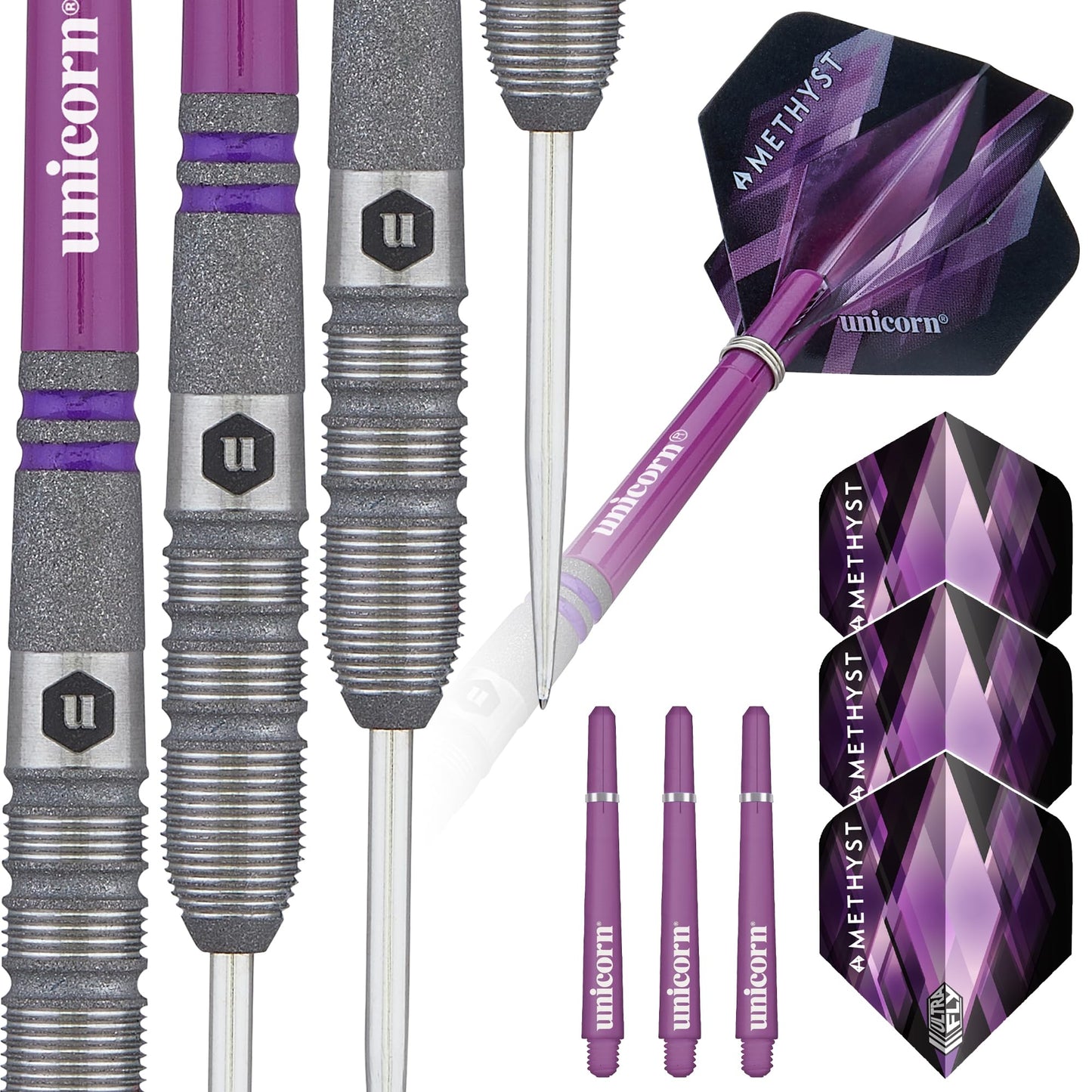 Unicorn Darts Set | Amethyst 90% Natural Tungsten Gripper Finish Barrels with Purple Accents & Laser Etched U Logo Hallmark | Steel Tip | 19 g, 20 g, 21 g, 22 g, 23g or 24 g
