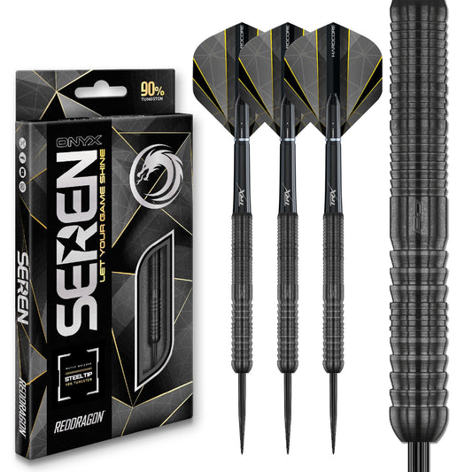RED DRAGON Darts – Seren Onyx Series - 90% Tungsten Professional Steel tip Darts Set with Dart Flights and Dart Shafts (Stems) - Available in Four Styles - Available in 21g, 22g, 23g, 24g & 25g