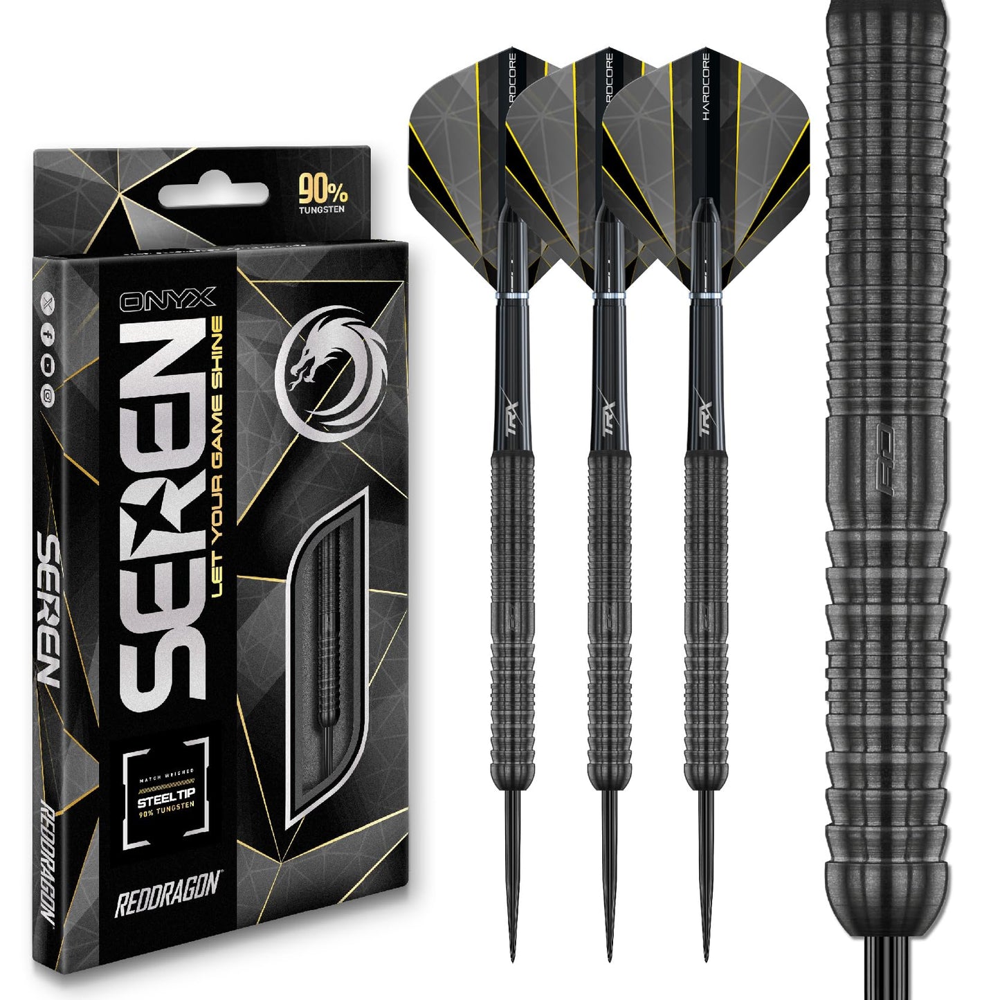 RED DRAGON Darts – Seren Onyx Series - 90% Tungsten Professional Steel tip Darts Set with Dart Flights and Dart Shafts (Stems) - Available in Four Styles - Available in 21g, 22g, 23g, 24g & 25g
