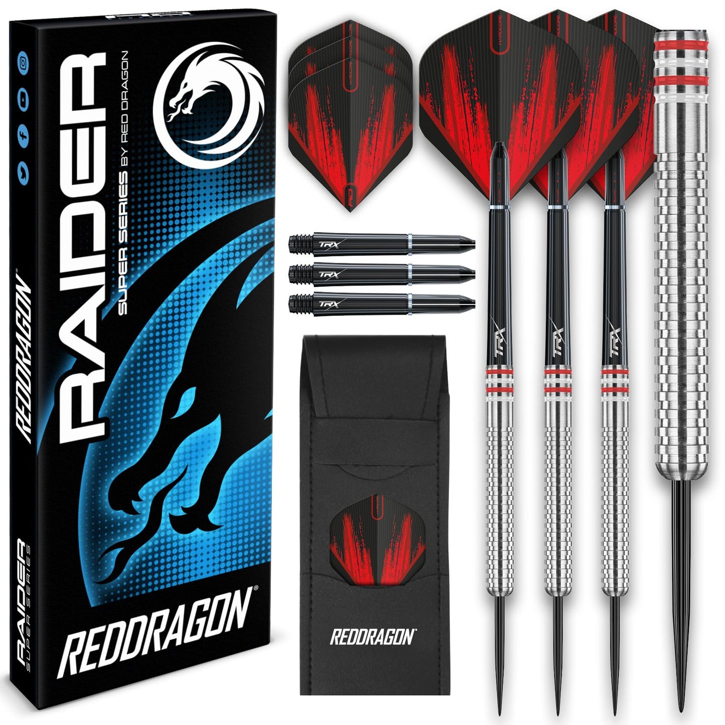 RED DRAGON Raider Series: 23g Steel Tip Tungsten Darts Set - Professional Darts with Shafts (Stems) and Flights - Choice of Colour Available