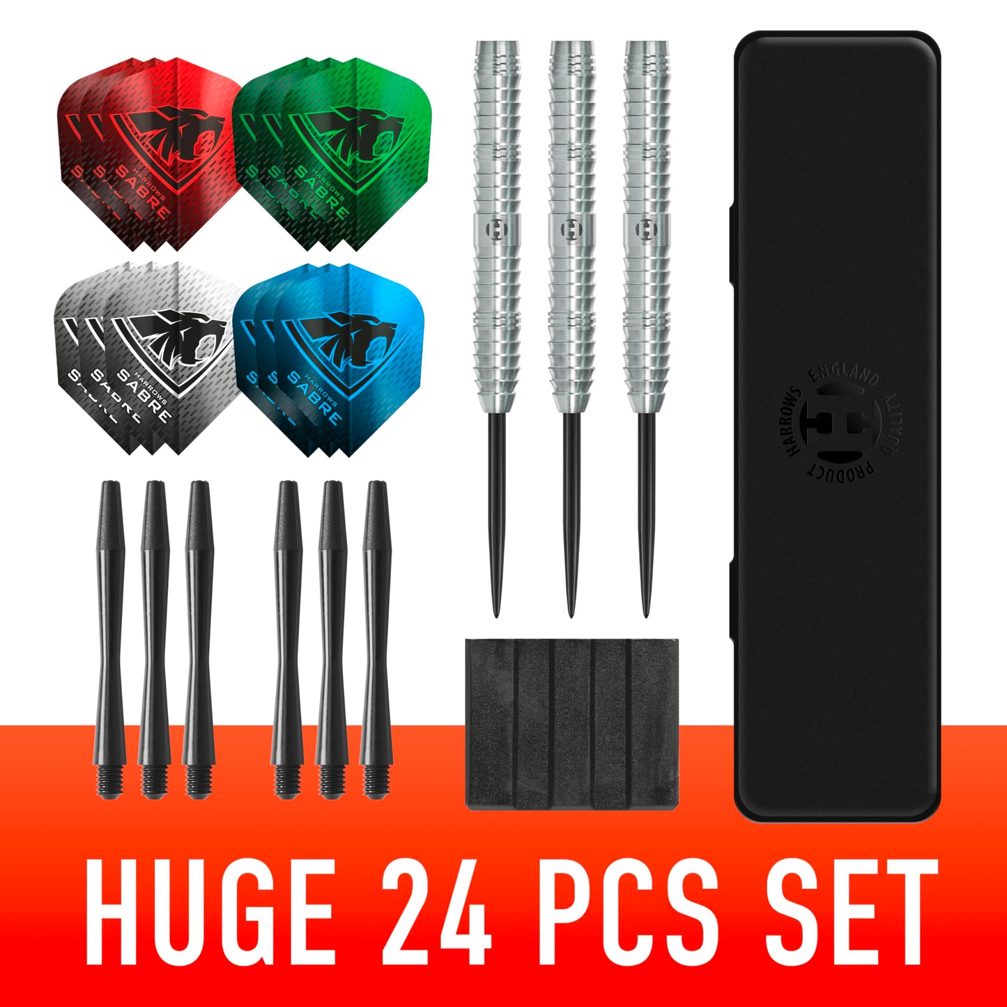 Harrows Sabre 90% Tungsten Steel Tip Darts Set I 21g to 26g All Weights Available I Huge 24pcs Bundle with Spare Shafts, Prime Flights & Travel Case