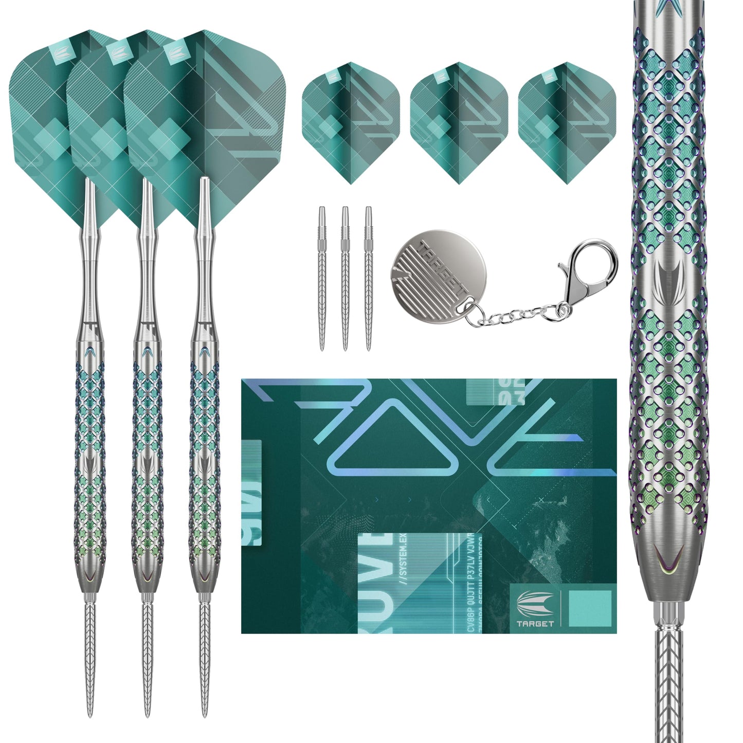 TARGET Darts Rove Steel Tip Swiss Point Darts, 90% Tungsten Dart Set | Steel Tip Dart, Green & Silver Darts, Professional Dart Set with Swiss Points & Tool | Barrel 01/02/03 –22G/23G/24G/25G
