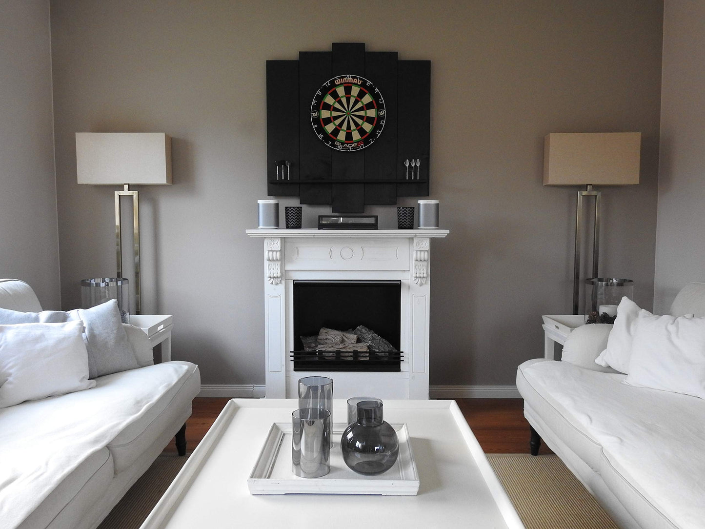 WOODEN Dartboard Surround | Premium dart wall protection & tablet holder | Flamed "Burned Look" or colour design (catch ring, dart surround, backboard)